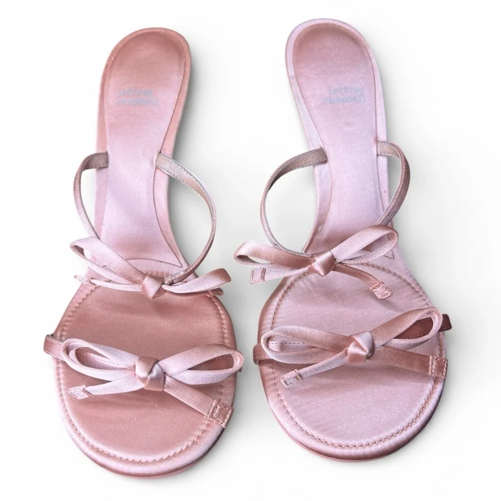 Jeffrey Campbell Bow Bow Pink Blush Satin Heeled Sandals Gold Heel Size 9.5 New